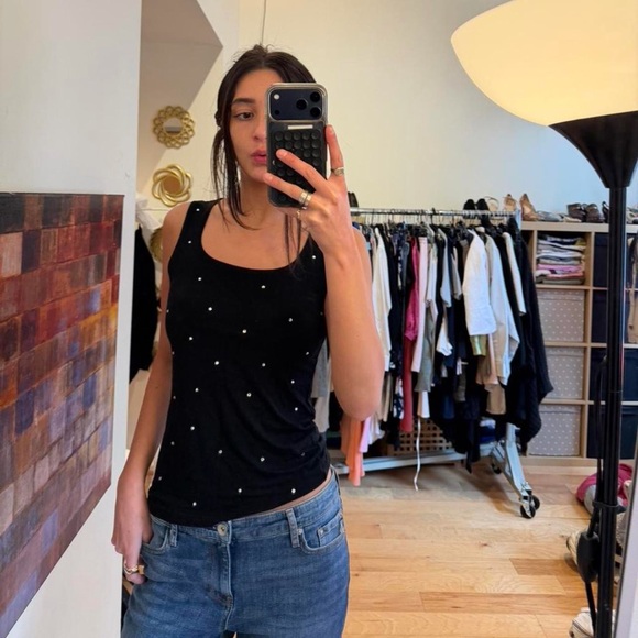 mischa Tops - Women's Black Diamond studded Scoop Neck Tank Top